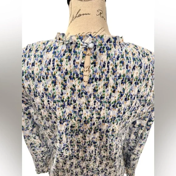 Veronica Beard Kali Smocked Blue and White Floral Blouse Women’s Size 14 - Picture 6 of 14